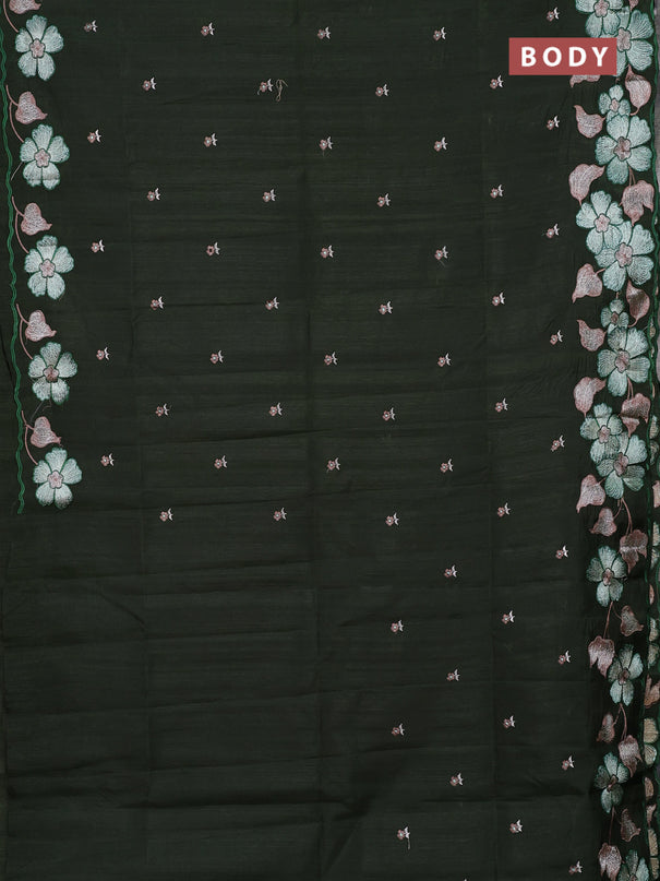 Semi raw silk saree olive green with embroidery buttas and floral embroidery border