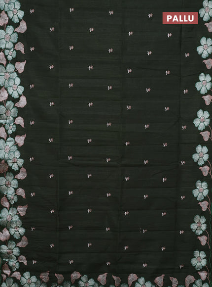 Semi raw silk saree olive green with embroidery buttas and floral embroidery border
