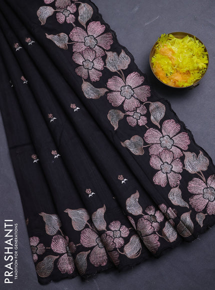 Semi raw silk saree black with embroidery buttas and floral embroidery border
