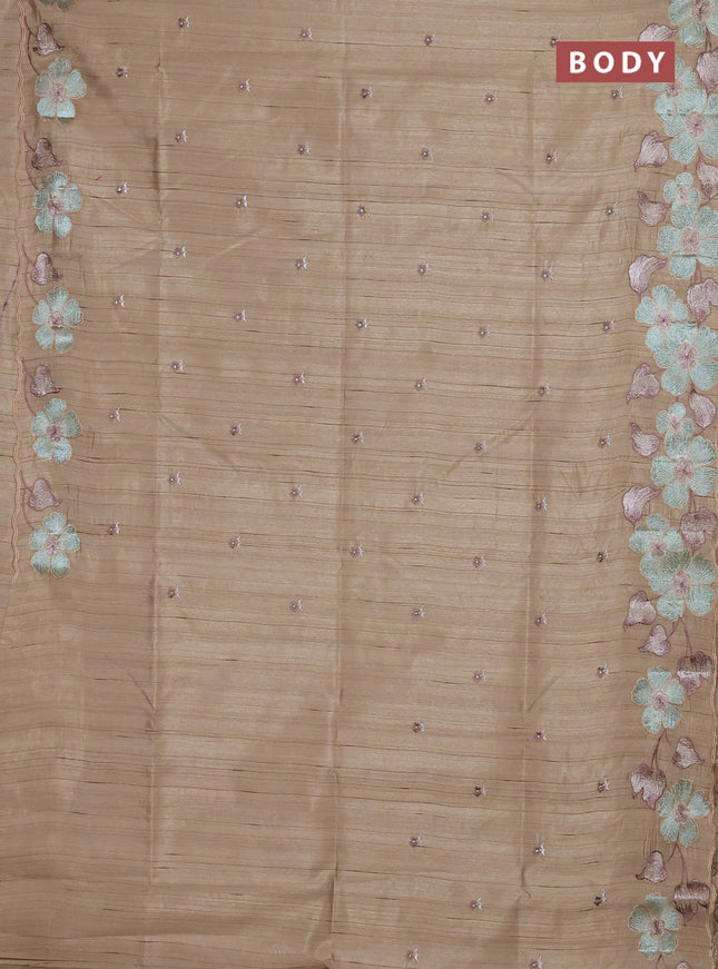 Semi raw silk saree beige with embroidery buttas and floral embroidery border