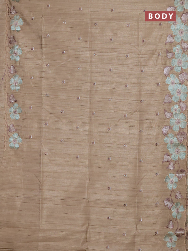 Semi raw silk saree beige with embroidery buttas and floral embroidery border