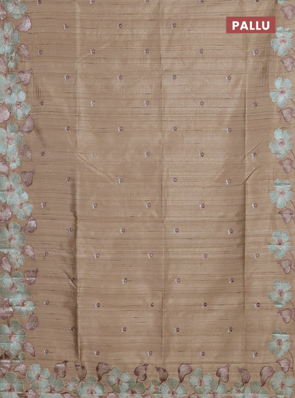 Semi raw silk saree beige with embroidery buttas and floral embroidery border