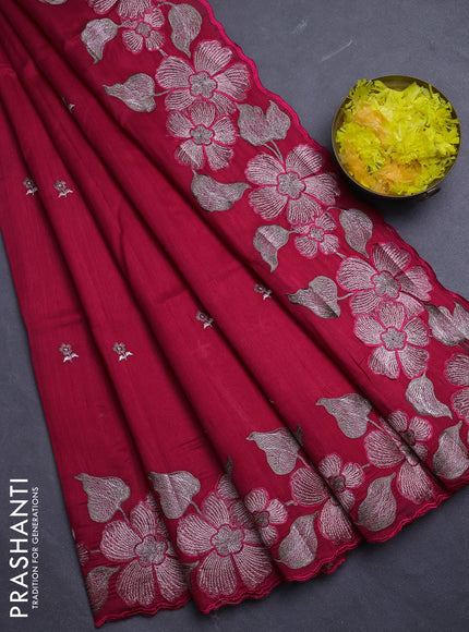 Semi raw silk saree dark pink with embroidery buttas and floral embroidery border