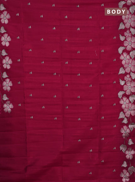 Semi raw silk saree dark pink with embroidery buttas and floral embroidery border