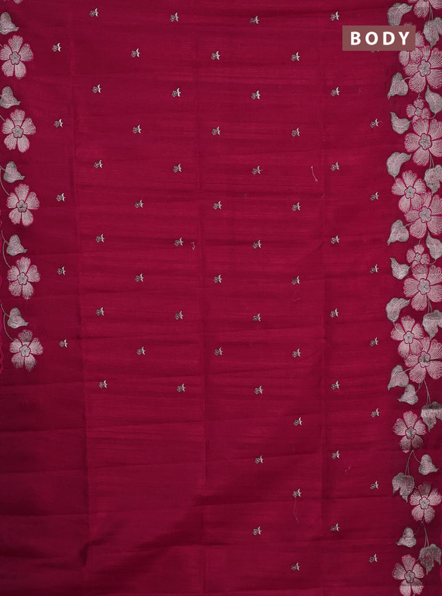 Semi raw silk saree dark pink with embroidery buttas and floral embroidery border