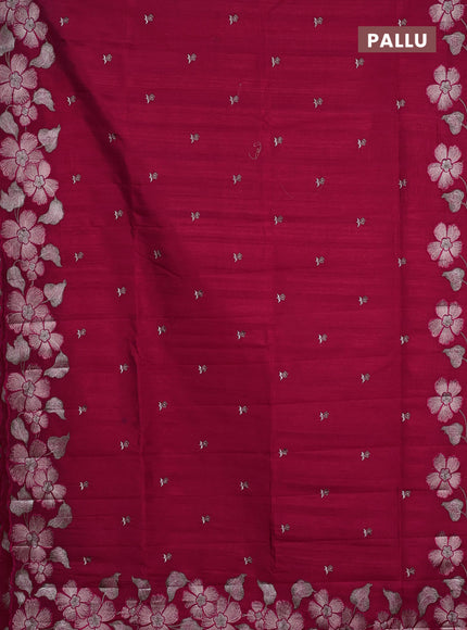 Semi raw silk saree dark pink with embroidery buttas and floral embroidery border