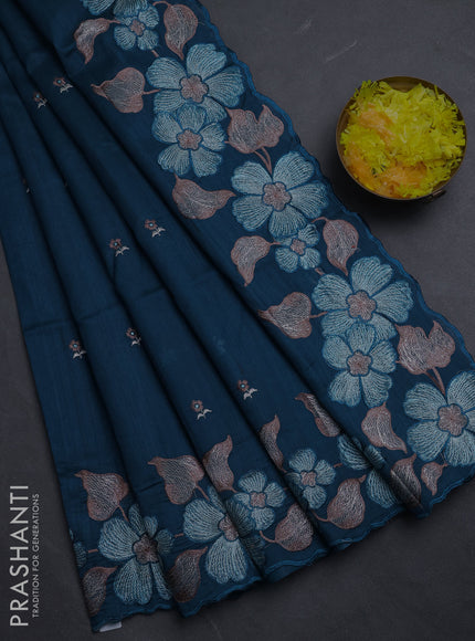 Semi raw silk saree peacock blue with embroidery buttas and floral embroidery border