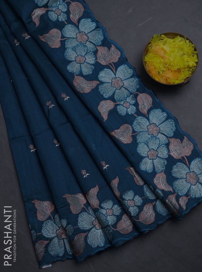 Semi raw silk saree peacock blue with embroidery buttas and floral embroidery border