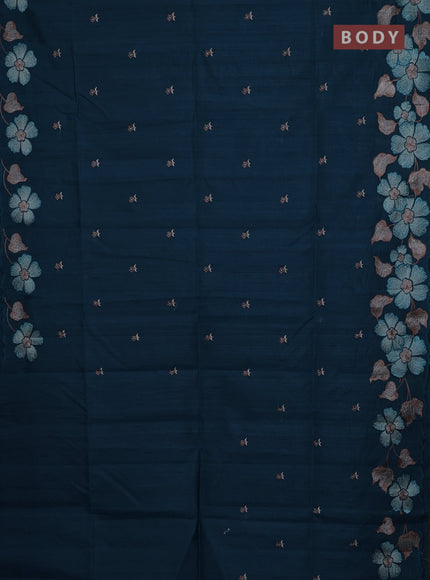 Semi raw silk saree peacock blue with embroidery buttas and floral embroidery border