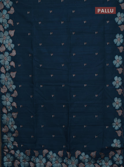 Semi raw silk saree peacock blue with embroidery buttas and floral embroidery border