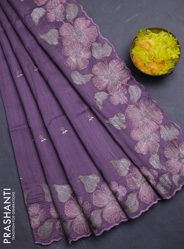 Semi raw silk saree pastel purple with embroidery buttas and floral embroidery border
