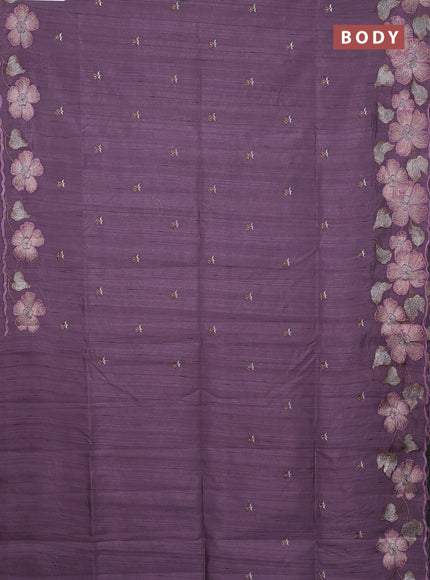Semi raw silk saree pastel purple with embroidery buttas and floral embroidery border