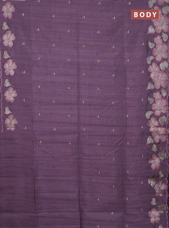 Semi raw silk saree pastel purple with embroidery buttas and floral embroidery border