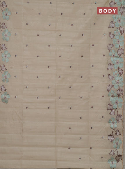 Semi raw silk saree beige with embroidery buttas and floral embroidery border
