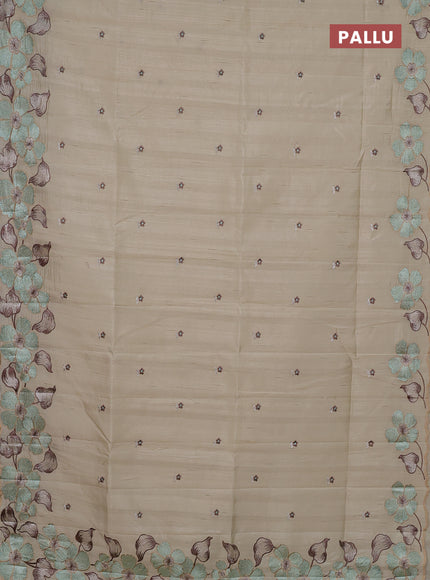 Semi raw silk saree beige with embroidery buttas and floral embroidery border