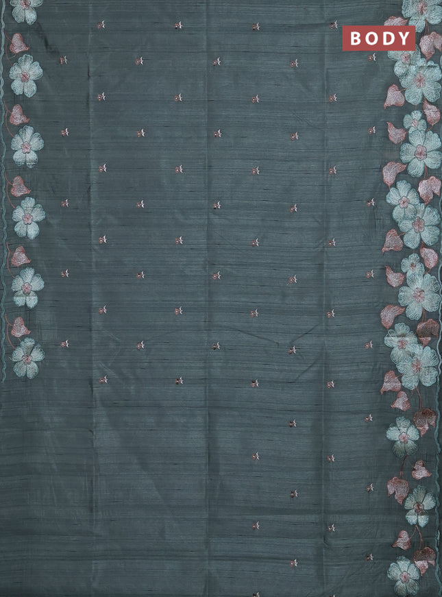 Semi raw silk saree pastel green shade with embroidery buttas and floral embroidery border