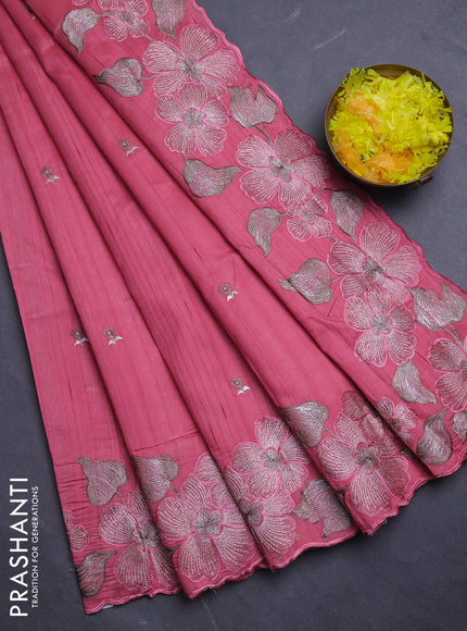 Semi raw silk saree peach pink with embroidery buttas and floral embroidery border