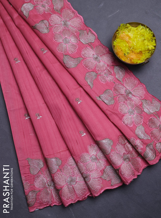 Semi raw silk saree peach pink with embroidery buttas and floral embroidery border