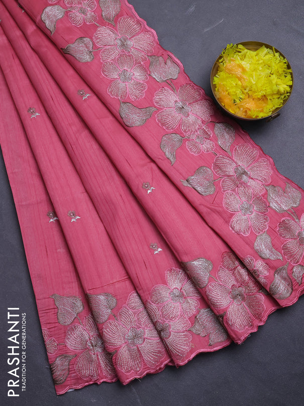 Semi raw silk saree peach pink with embroidery buttas and floral embroidery border