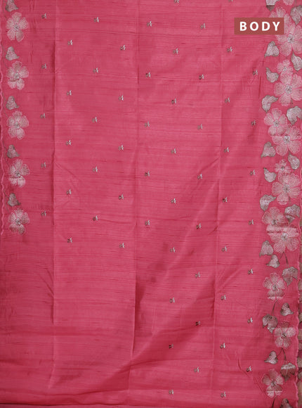 Semi raw silk saree peach pink with embroidery buttas and floral embroidery border