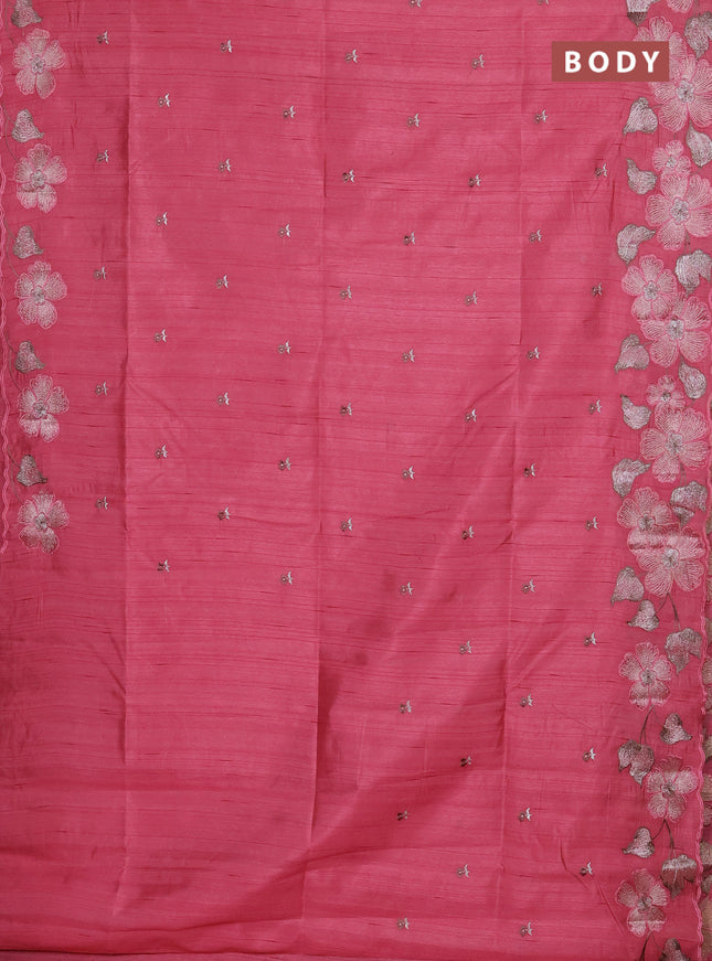 Semi raw silk saree peach pink with embroidery buttas and floral embroidery border
