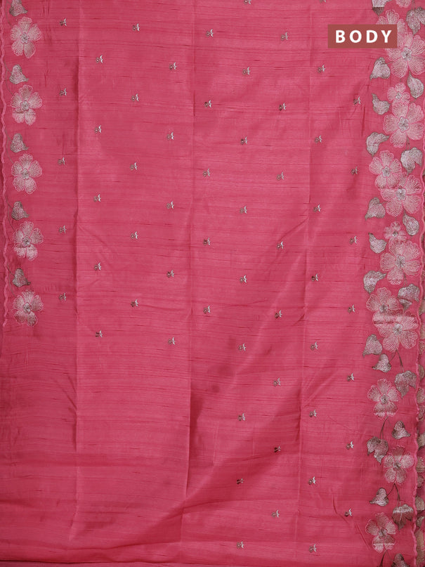 Semi raw silk saree peach pink with embroidery buttas and floral embroidery border