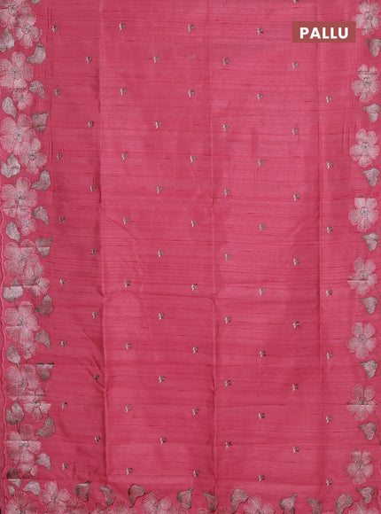 Semi raw silk saree peach pink with embroidery buttas and floral embroidery border