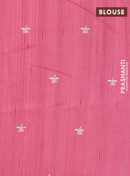 Semi raw silk saree peach pink with embroidery buttas and floral embroidery border
