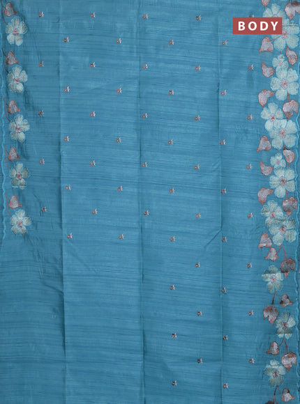 Semi raw silk saree teal blue with embroidery buttas and floral embroidery border
