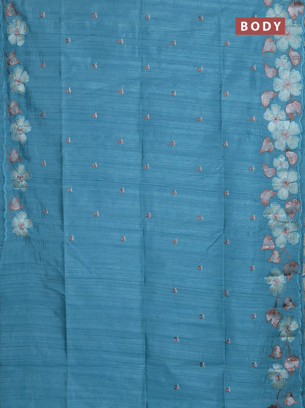 Semi raw silk saree teal blue with embroidery buttas and floral embroidery border