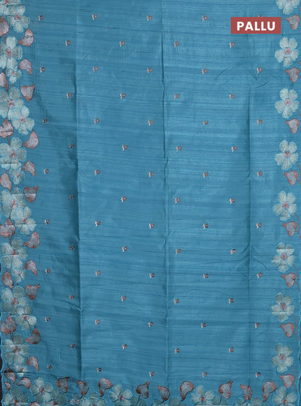 Semi raw silk saree teal blue with embroidery buttas and floral embroidery border