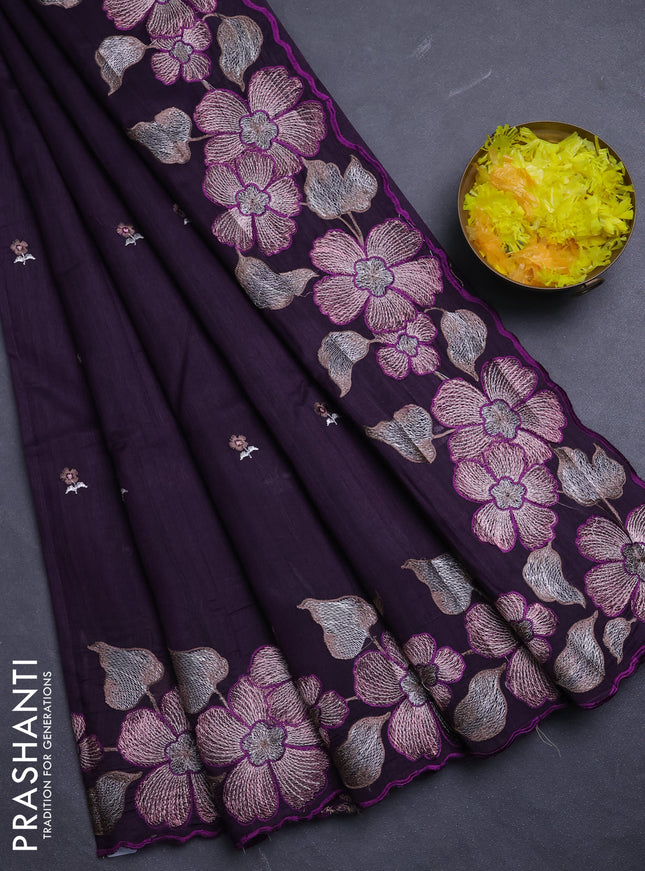 Semi raw silk saree deep jamun with embroidery buttas and floral embroidery border