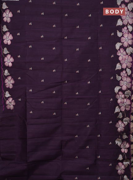 Semi raw silk saree deep jamun with embroidery buttas and floral embroidery border