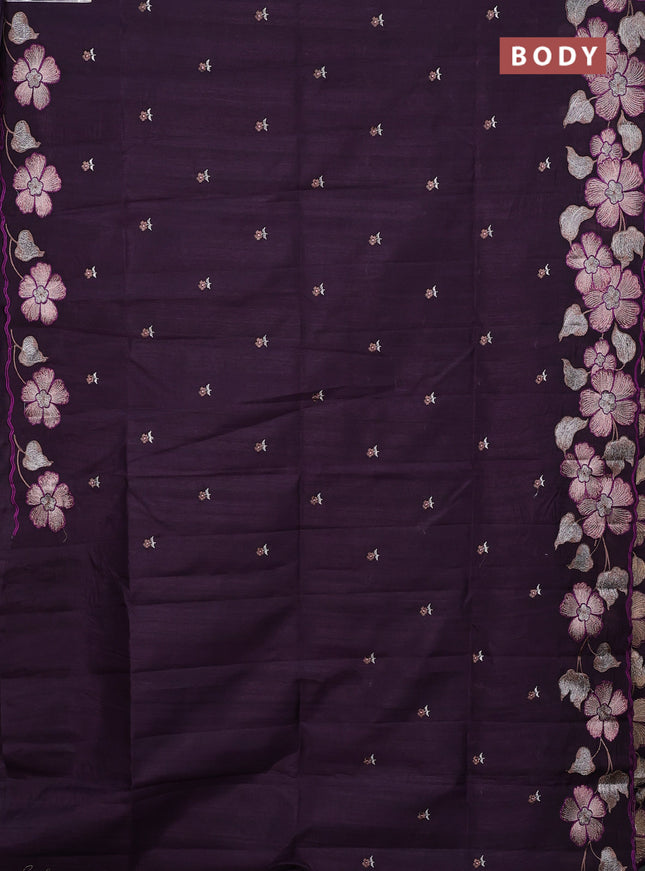 Semi raw silk saree deep jamun with embroidery buttas and floral embroidery border