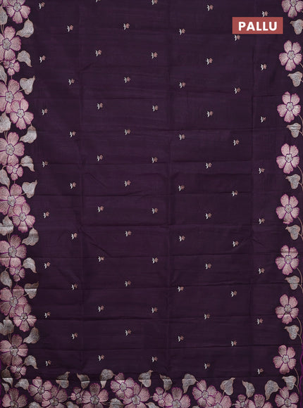 Semi raw silk saree deep jamun with embroidery buttas and floral embroidery border