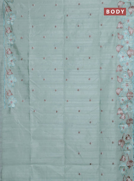 Semi raw silk saree pastel blue with embroidery buttas and floral embroidery border