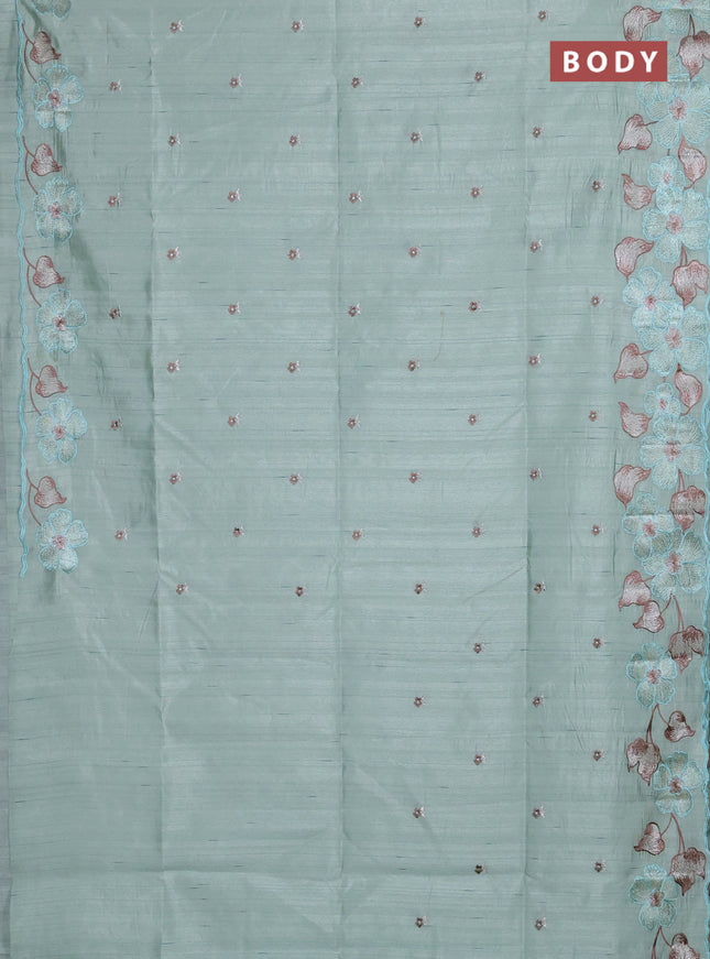 Semi raw silk saree pastel blue with embroidery buttas and floral embroidery border