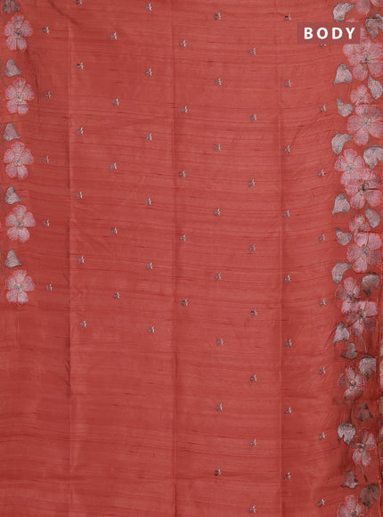 Semi raw silk saree rust shade with embroidery buttas and floral embroidery border