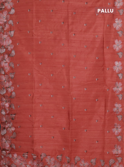 Semi raw silk saree rust shade with embroidery buttas and floral embroidery border
