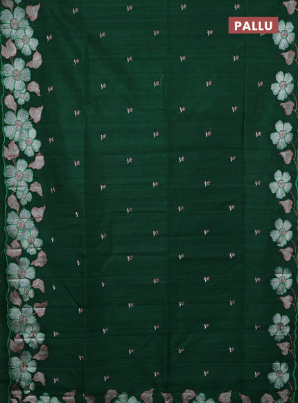 Semi raw silk saree bottle green with embroidery buttas and floral embroidery border