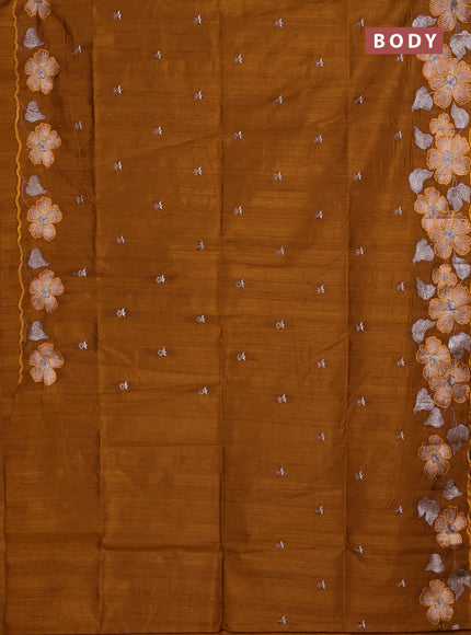 Semi raw silk saree dark mustard with embroidery buttas and floral embroidery border