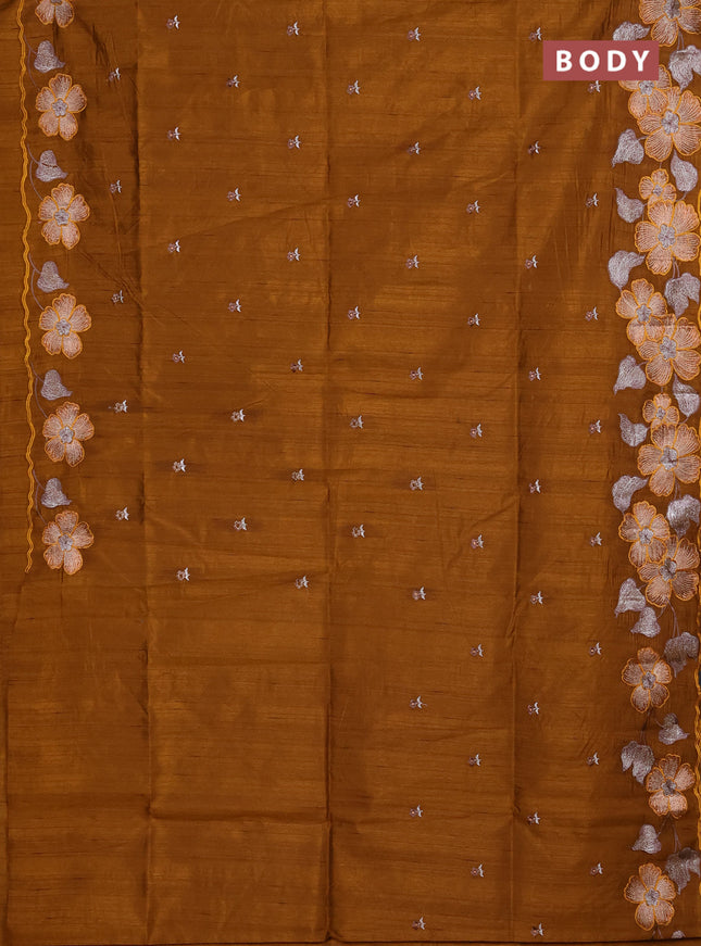 Semi raw silk saree dark mustard with embroidery buttas and floral embroidery border