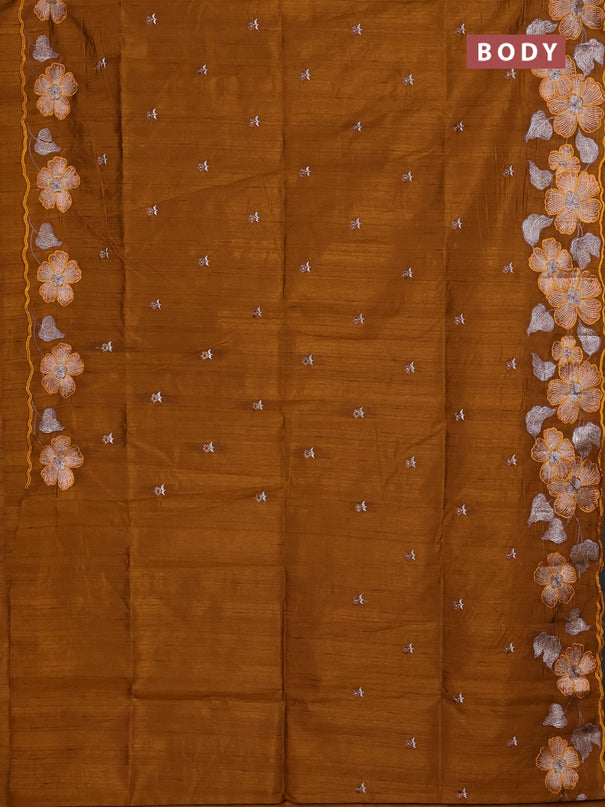 Semi raw silk saree dark mustard with embroidery buttas and floral embroidery border