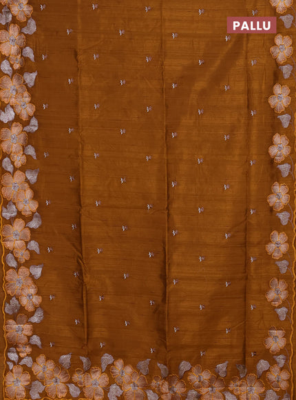 Semi raw silk saree dark mustard with embroidery buttas and floral embroidery border
