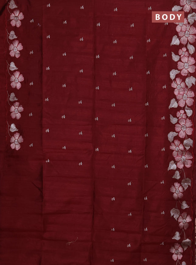 Semi raw silk saree deep maroon with embroidery buttas and floral embroidery border