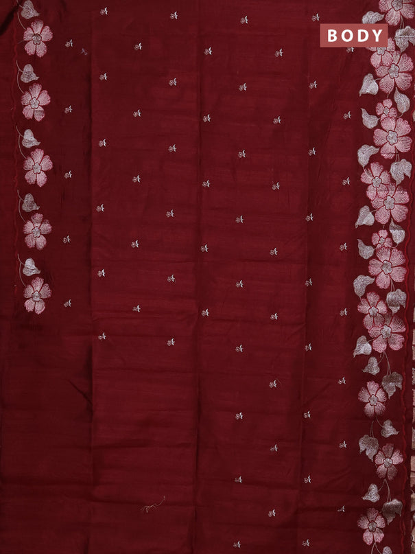 Semi raw silk saree deep maroon with embroidery buttas and floral embroidery border