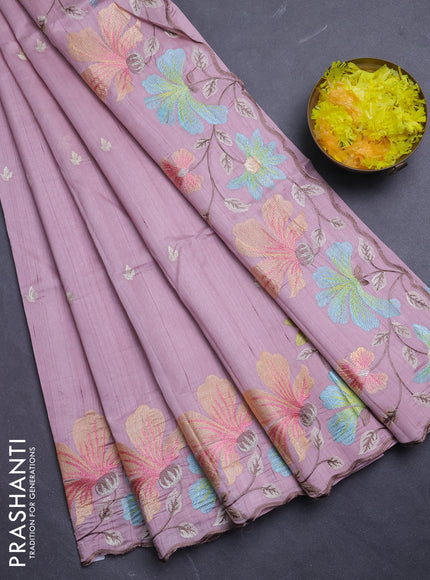 Semi raw silk saree pastel pink with embroidery buttas and floral embroidery border