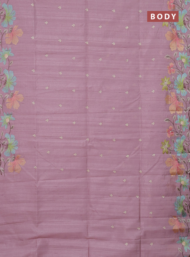 Semi raw silk saree pastel pink with embroidery buttas and floral embroidery border