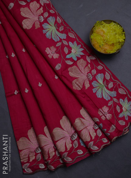 Semi raw silk saree dark pink with embroidery buttas and floral embroidery border