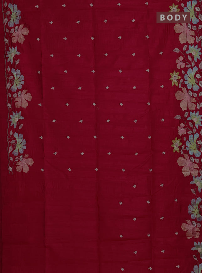 Semi raw silk saree dark pink with embroidery buttas and floral embroidery border